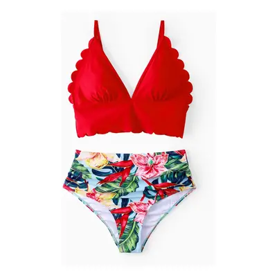 Family Matching Floral Drawstring Swim Trunks or Ruched Shell Edge Bikini with Optional Swim Cov