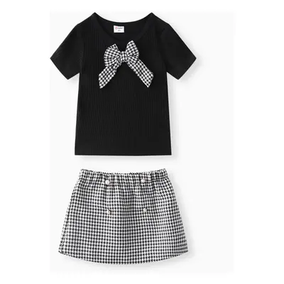 Toddler Girl 2pcs Bowknot Tee and Grid Skirts Set