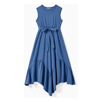 Mommy and Me Blue Irregular Hem Flounced Belted Tank Top Dress