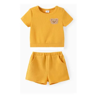 Baby/Toddler Boy/Girl 2pcs Bear Embroidery Tee and Shorts Set