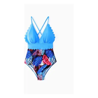 Family Matching Blue Floral Drawstring Swim Trunks or Shell Trim Spliced One-Piece Swimsuit