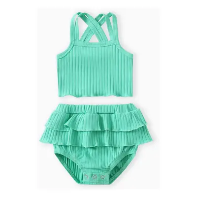 Baby Girl 2pcs Double Cross Sling Crop Camisole and Ruffled Shorts Set