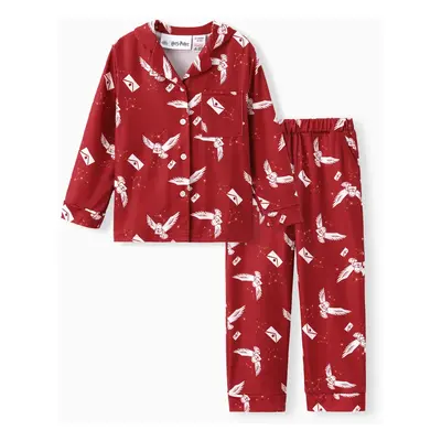 Harry Potter Family Matching 2pcs Christmas Owl Pattern Lapel Long-sleeve Pajamas Set (Flame Res