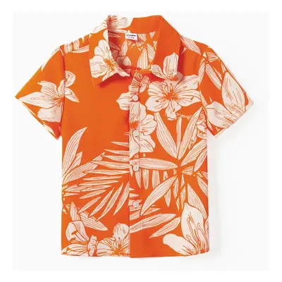 Family Matching Orange Beach Shirt and Floral Strap Dress Sets