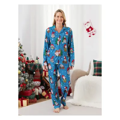 Christmas Family Matching Blue Allover Gnome Pattern Button Lapel Pajamas Sets with Pockets ( Fl