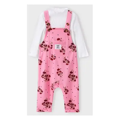 Baby Girl 2pcs Ruffle Collar Tee and Floral Print Overalls Set