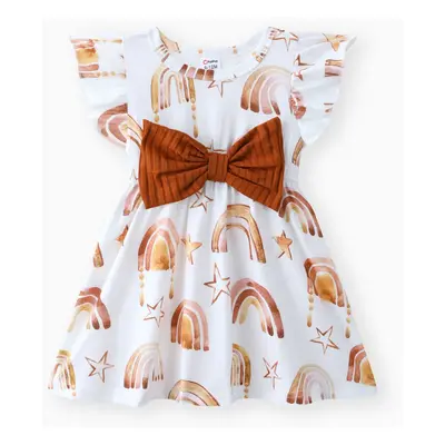 Baby Girl Rainbow&Star Print Ruffled Flutter-Sleeve Dress