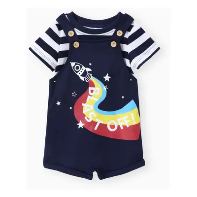 Baby Boy 2pcs Striped Tee and Rocket Print Overalls Set