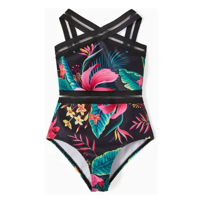 Family Matching Allover Plant Print Crisscross One-Piece Swimsuit and Swim Trunks