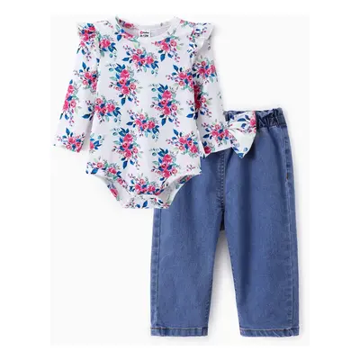 Baby Girl 2pcs Floral Romper and Denim Jeans Set