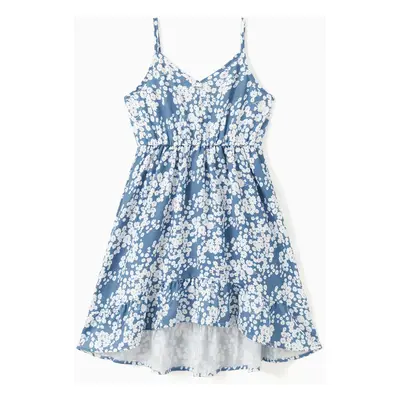 Family Matching Sets Blue Color Block Shirt or Button Up Ruffle Hem Floral Strap Dress