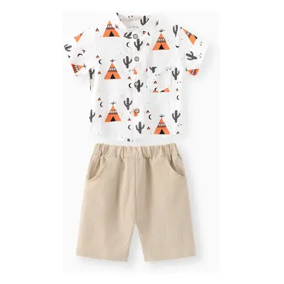 2pcs Baby Boy 95% Cotton Short-sleeve All Over Cactus Print Button Up Shirt and Solid Shorts Set