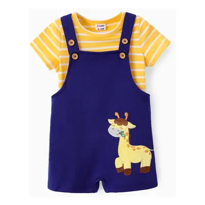 Baby Boy 2pcs Stripe Pattern Tee and Lion Print Overalls Shorts Set