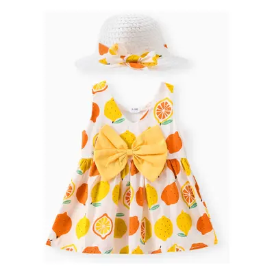 100% Cotton 2pcs Baby Girl All Over Lemon Print V Neck Sleeveless Bowknot Dress with Hat Set