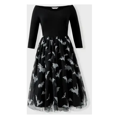 Halloween Night Family Matching Bat Print Tee or Bat Allover Pattern Half-Sleeve Tulle Dress