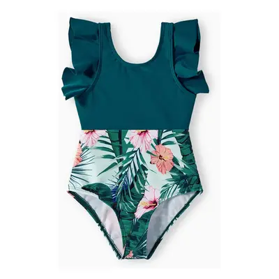 Family Matching Plant Print Ruffle Trim Spliced One-piece Swimsuit or Swim Trunks