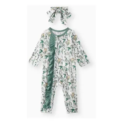 2pcs Baby Girl Ribbed Green/White Rabbit Print Long-sleeve Ruffle Jumpsuit Set