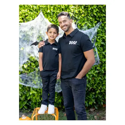 Halloween Family Matching Sets Black Boo Print Polo Shirt or A-Line/Tulle Strap Dress Set with C