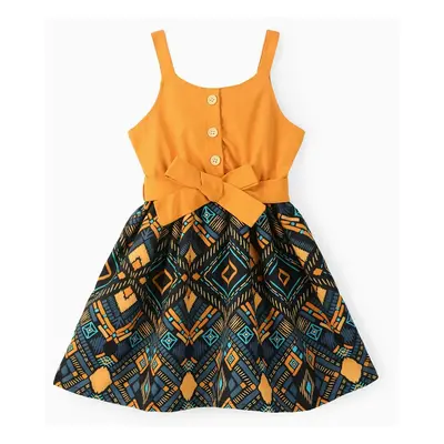 Toddler Girl Boho Exotic Graphic Splice Belted Slip Dress