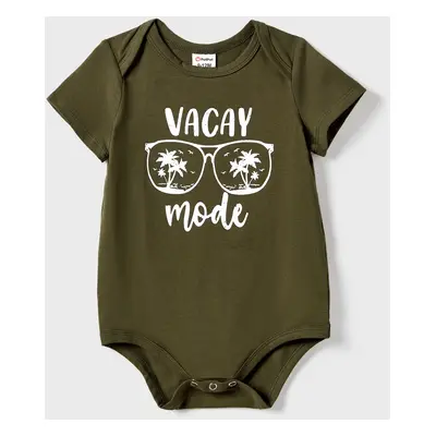 Family Matching Sets Allover Printed T-Shirt and Army Green Glasses Pattern T-Shirt Dress with P