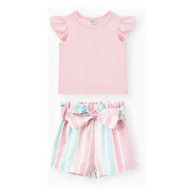 2pcs Baby Girl Solid 95% Cotton Flutter-sleeve Tee and Striped Belted Shorts Set