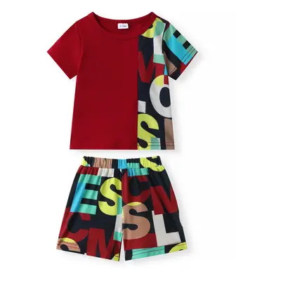 2pcs Baby Boy 95% Cotton Short-sleeve Letter Print Black Splicing T-shirt and Shorts Set