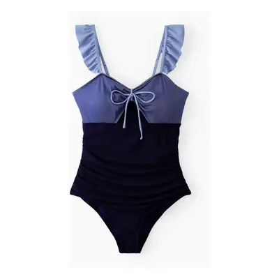 Family Matching Drawstring Swim Trunks or Ruched Bow Tie Cut Out Mesh Ruffle Strap One-Piece Swi