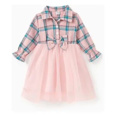 Family Matching Pink Plaid Sets Long Sleeves Shirt or Tulle Mesh Dress