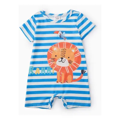 Baby Boy Cartoon Lion Print Blue Striped Short-sleeve Romper