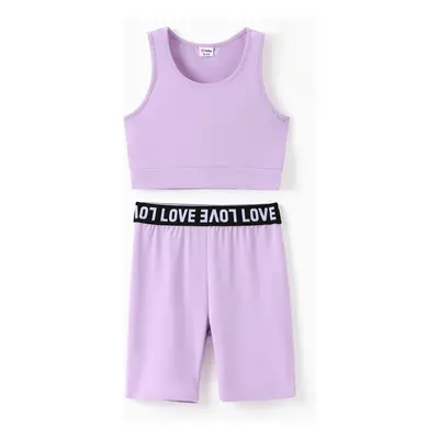 2pcs Kid Girl Solid Color Tank Top and Letter Print Shorts Sporty Set