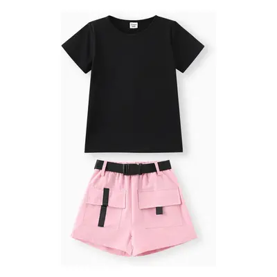 2pcs Kid Girl Short-sleeve Tee and Pocket Design Belted Shorts Set