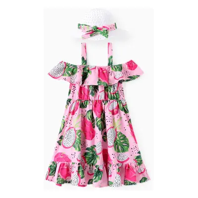 Toddler Girl 2pcs Fruit Print Ruffled Cami Dress with Straw Hat