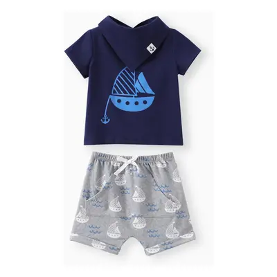 Baby Boy 3pcs Sailboat Print Tee and Shorts with Bib Set