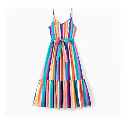 Family Matching Multi-Color Stripe T-shirt and Ruffle Hem Button Strap Dress Sets