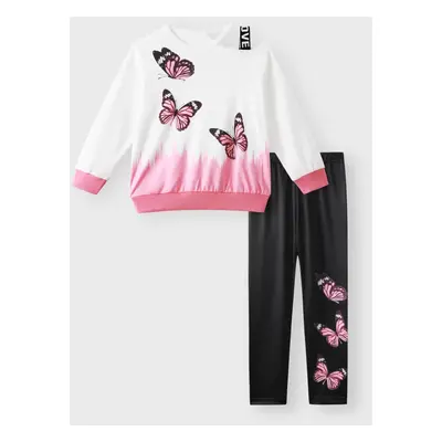 2pcs Kid Girl Butterfly Print Colorblock Cut Out Sweatshirt and Elasticized Leggings Set