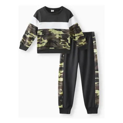 2-piece Kid Boy Camouflage Print Colorblock Sweatshirt and Pants Set