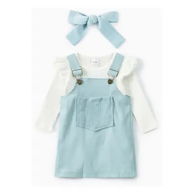 3pcs Baby Girl 95% Cotton Ribbed Long-sleeve Romper and Solid Suspender Dress with Headband Set