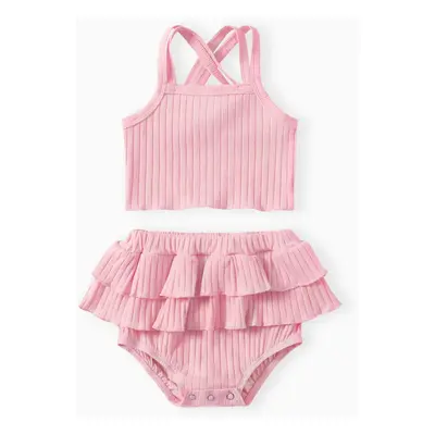 Baby Girl 2pcs Double Cross Sling Crop Camisole and Ruffled Shorts Set