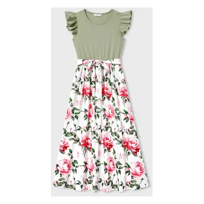 Matching Family Raglan-Sleeve T-shirt and Flutter Shoulder Floral Dress Sets