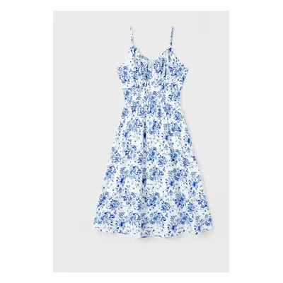 Mommy and Me Blue Floral Ruched Bust Tie Neck Flutter Trim Silky Satin Strap Dresses