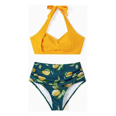 Family Matching Allover Lemon Print and Solid Halter Neck Two-piece Swimsuit or Swim Trunks Shor