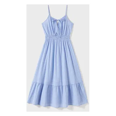 Family Matching Blue Stripe Panel Polo Shirt and Tie Neck Shirred Waist Stripe Strap Dress Sets