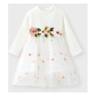 Baby Girl White Ribbed Long-sleeve Splicing Floral Embroidered Mesh Fairy Dress