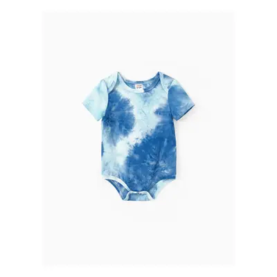 Family Matching Sets Blue Tie-dyed Round Neck Short Sleeves Tee or Irregular Hem Dress