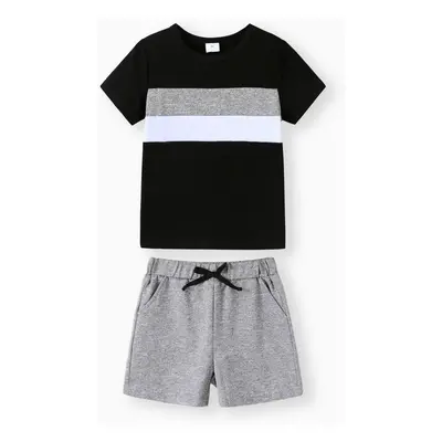 2pcs Toddler Boy Trendy Colorblock Short-sleeve Tee and Elasticized Shorts Set