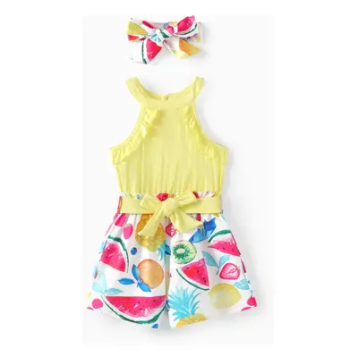 Kid Girl Fruit Print Halterneck Ruffled Jumpsuit with Headband