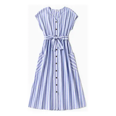 Family Matching Sets Short-sleeve T-shirts or Blue Striped V Neck Drop Shoulder Button Up Belted