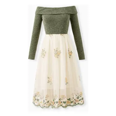 Family Matching Sets Green Long Sleeves Shirt or Ribbed Off-Shoulder Embroidered Tulle Dress