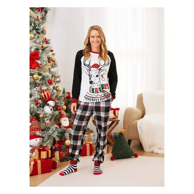 Christmas Family Matching Black Raglan Sleeves Red Cuffs Reindeer Graphic Plaid Pants Pajamas Se