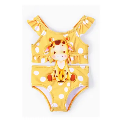 Baby Girl Giraffe Embroidery Ruffled Swimsuit